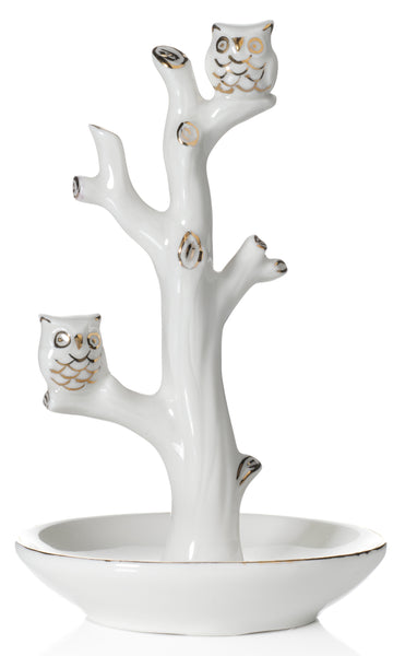 Double Owl Ring Holder Tree Dish, White with Real 24K Gold Plating