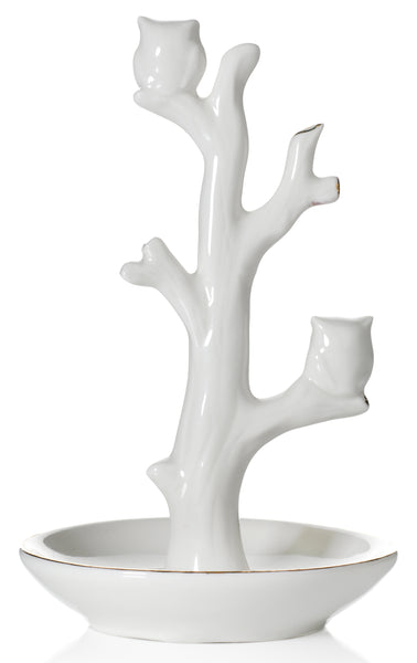 Double Owl Ring Holder Tree Dish, White with Real 24K Gold Plating
