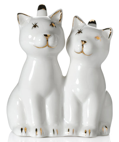 Two Cat Ring Holder, White with Gold Plating