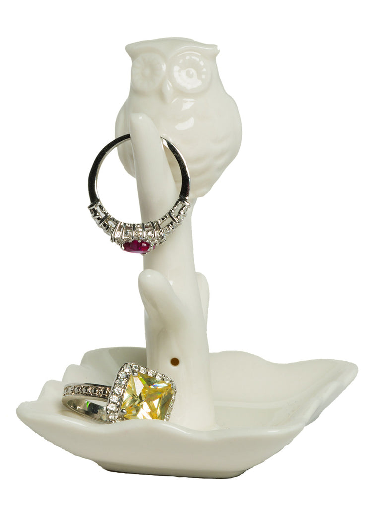 White Owl Tree Ring Holder with Dish
