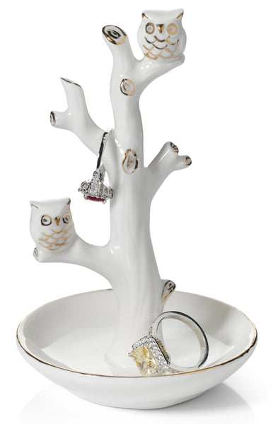 Double Owl Ring Holder Tree Dish, White with Real 24K Gold Plating
