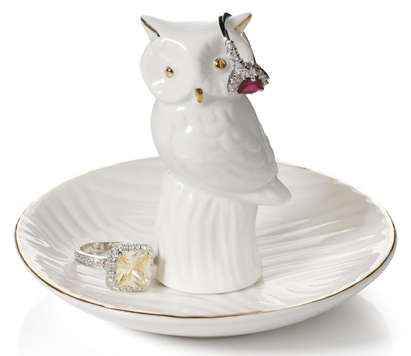 Owl Ring Holder Dish, White with REAL 24K GOLD Plating