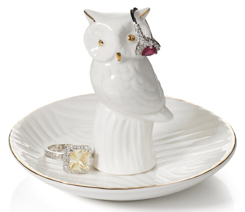 Owl Ring Holder Dish, White with REAL 24K GOLD Plating