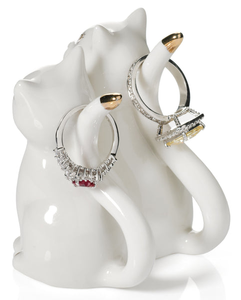 Two Cat Ring Holder, White with Gold Plating