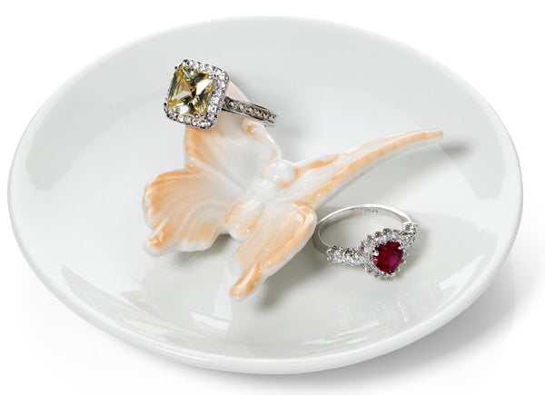 Butterfly Ring Holder Dish, Peach and White