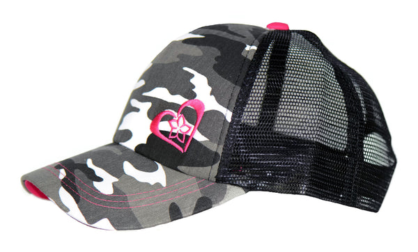 Grey Camo Trucker Hat with Pink Details
